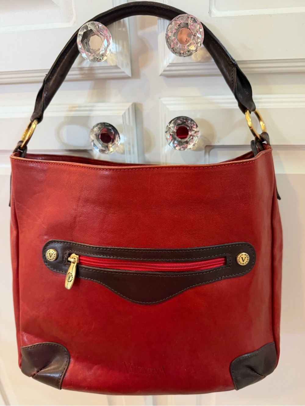 Valentina Italian Leather Red with Dark Brown Trim Shoulder Bag